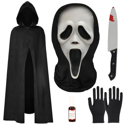 Ourdort Halloween Ghostface Maske Kostüm Set,Horror Scream Maske,Ghostface kostüm mit Kunstblut,Scream Messer,Umhang und Handschuhe Geist für Geisterhaus, Mottopartys und Rollenspiele Ourdort Halloween Ghostface Maske Kostüm Set,Horror Scream Maske,Ghostface kostüm mit Kunstblut,Scream Messer,Umhang und Handschuhe Geist für Geisterhaus, Mottopartys und Rollenspiele von Ourdort