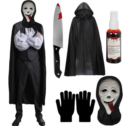 Ourdort Halloween Ghostface Maske Kostüm Set,Horror Scream Maske,Ghostface kostüm mit Kunstblut,Scream Messer,Umhang und Handschuhe Geist für Geisterhaus, Mottopartys und Rollenspiele von Ourdort