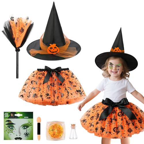 Ourdort Halloween Hexenkostüm Kinder,Halloween Kostüm kinder Hexe Mädchen,Zauberer Hexenkleid mit Hexenhut, Besen, Aufkleber,Fluoreszierendes Glitzer,Mini Glasflaschen für Halloween,Show,Cosplay Ourdort Halloween Hexenkostüm Kinder,Halloween Kostüm kinder Hexe Mädchen,Zauberer Hexenkleid mit Hexenhut, Besen, Aufkleber,Fluoreszierendes Glitzer,Mini Glasflaschen für Halloween,Show,Cosplay von Ourdort