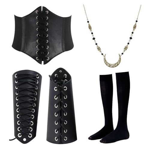Ourdort Mittelalter Kleidung für Damen Accessoires Set,Mittelalterliche Accessoires Set,Kommt Gürtel, Kniestrümpfen, Armschützern und Halskette,Mittelalter Kostüm Damen für Karneval Halloween. von Ourdort