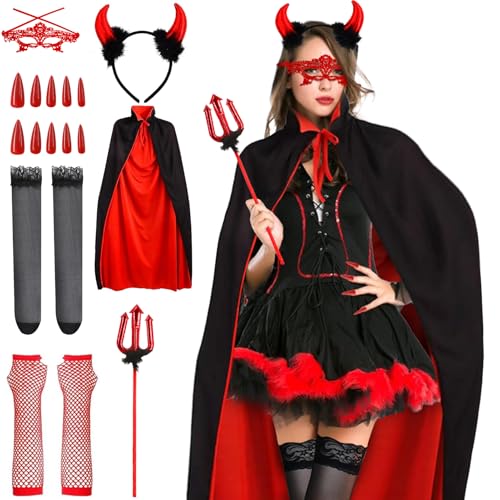 Teufel Kostüm Damen,Karneval Vampir Kostüm Set,Rot Teufel Umhang(1.4m),Vampirzähne,Leggings,Teufelsgabel,Teufelswinkel,Spitzenaugenklappe,Handschuhen,für Karneval Masquerade,Cosplay,Themenpartys Teufel Kostüm Damen,Karneval Vampir Kostüm Set,Rot Teufel Umhang(1.4m),Vampirzähne,Leggings,Teufelsgabel,Teufelswinkel,Spitzenaugenklappe,Handschuhen,für Karneval Masquerade,Cosplay,Themenpartys von Ourdort