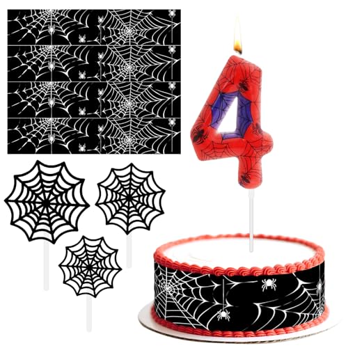 Tortenband Essbar Spinnennetz 8 Stück, mit Spinne Kerze 4 Geburtstag Junge und Cake Topper, Rot Weiß Geburtstagskerzen Zahlen 4, Junge Geburtstag Deko Tortenband Essbar Spinnennetz 8 Stück, mit Spinne Kerze 4 Geburtstag Junge und Cake Topper, Rot Weiß Geburtstagskerzen Zahlen 4, Junge Geburtstag Deko von Ourdort