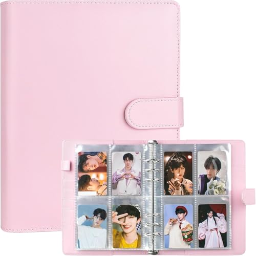 Oushebck A5-Bindekarte Sammler mit 30 Pack 4-Pocket-Seiten,6 Ringbuch-Album mit 240 Kartenfächern, PU-Leder-Bindemittel mit magnetischem Schnallenverschluss zum K-Pop-Fotokarten (Pink) von Oushebck