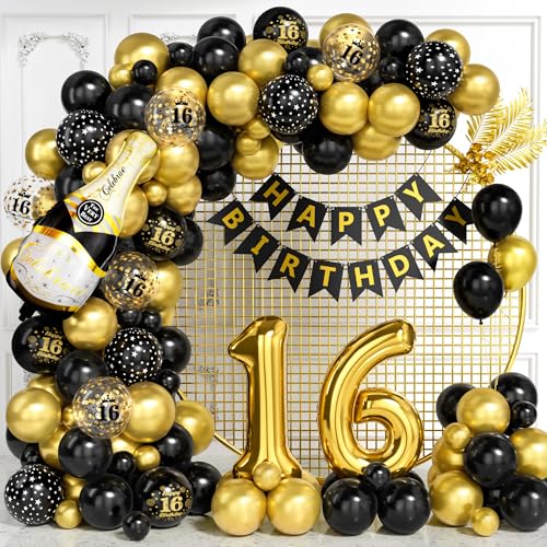 16 Geburtstag Deko für Jungen Mädchen, Schwarz Gold Luftballon Bogen Kit mit Nummer 16 Ballons Konfetti Ballons Happy Birthday Banner, Schwarz Gold Party Deko für 16 jährige Männer Frauen Jubiläum 16 Geburtstag Deko für Jungen Mädchen, Schwarz Gold Luftballon Bogen Kit mit Nummer 16 Ballons Konfetti Ballons Happy Birthday Banner, Schwarz Gold Party Deko für 16 jährige Männer Frauen Jubiläum von Ousuga