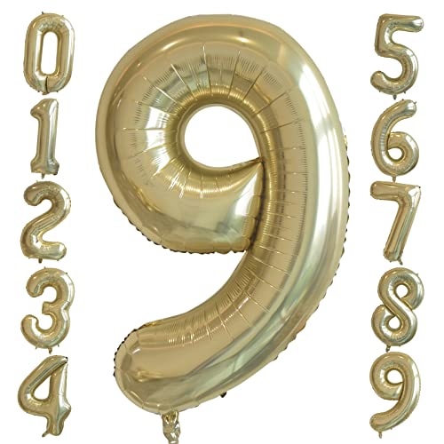 Zahlen 9 Luftballon Champagner Gold, 40 Zoll Groß Weiß Gold Helium Folienballon Zahl 9, Geburtstag Zahlenballon Party Nummer ballons für Jungen Mädchen Geburtstagsfeier Abschluss Babydusche Party Deko von Ousuga