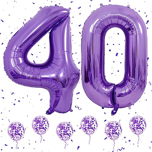 Luftballons Geburtstag 40 Zahl Lila, 40 Zoll Große Zahlen Helium Folie Mylar Geburtstagdeko Ballons mit 6Pcs Lila Konfetti Ballons für 40. Jungen Mädchen Jubiläum Party Geburtstag Deko von Ousuga