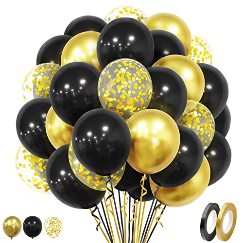 Luftballons Schwarz Gold, 50 Stück 12 Zoll Schwarz Gold Luftballon mit Metallic Konfetti Ballons für Geburtstags Babyparty Hochzeitsdeko Verlobungs Jahrestag Abschluss Party Dekorationen von Ousuga