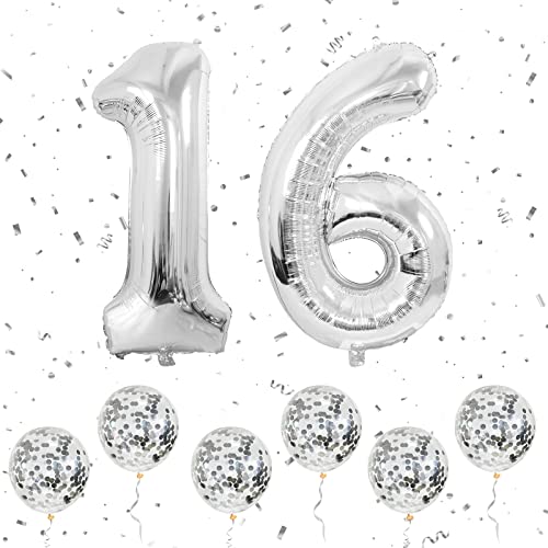 Zahlen 16 Luftballons Silber, 40 Zoll große Folien ballons Nummer 1 & 6 mit 6 Silber Konfetti-Helium ballons, 16. Geburtstags ballon für Mädchen Jungen Party Romantische Anlässe Jubiläums dekorationen von Ousuga