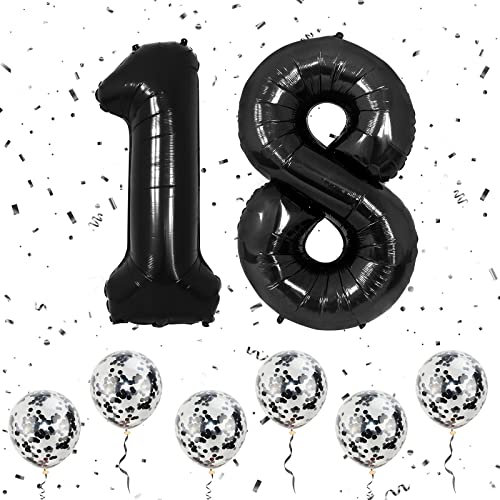 Zahlen 18 Luftballons Schwarz, 40 Zoll große Folien ballon Nummer 1 & 8 mit 6 Schwarz Konfetti-Helium ballon, 18 Geburtstags ballon für Mädchen Jungen Party Romantische Anlässe Jubiläumsdekorationen von Ousuga