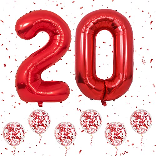 Zahlen 20 Luftballons Rot, 40 Zoll große Folien ballons Nummer 2 & 0 mit 6 Rot Konfetti-Helium ballons, 2 20 Geburtstags ballon für Mädchen Jungen Party Romantische Anlässe Jubiläums dekorationen von Ousuga