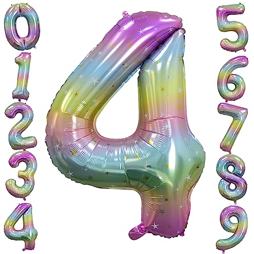 Ousuga 40 Zoll Stern Regenbogen Zahl 4 Luftballon,Sternenhimmel Farbverlauf Folie Helium Zahlenballons 0-9 Nummer Luftballons für Mädchen Frauen Geburtstag Jubiläum Prinzessin Party Dekorationen von Ousuga