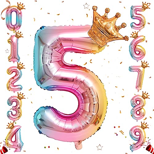 Ousuga Helium-Folien-Zahlenballon, 32-Zoll-Regenbogen-Gradienten-Zahlenballons mit Krone, 0-9-Folie, Mylar, große Zahlenballons für Prinzessinnen-Geburtstagsfeier, Jahrestag, Dekorationen (#5) von Ousuga