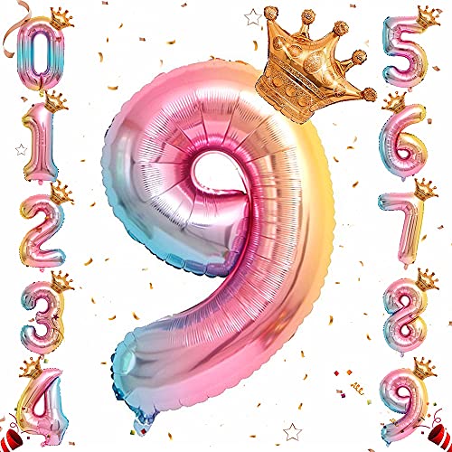 Ousuga Helium-Folien-Zahlenballon, 32-Zoll-Regenbogen-Gradienten-Zahlenballons mit Krone, 0-9-Folie, Mylar, große Zahlenballons für Prinzessinnen-Geburtstagsfeier, Jahrestag, Dekorationen (#9) von Ousuga