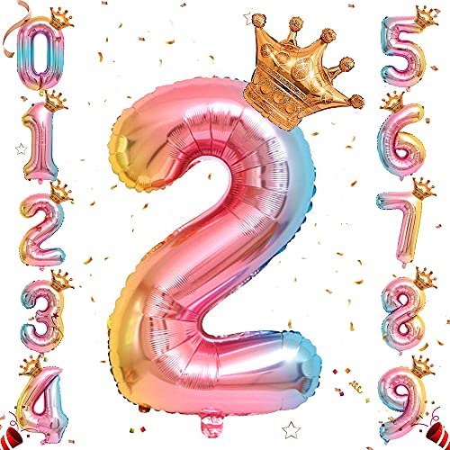 Ousuga Helium-Folien-Zahlenballon, 32-Zoll-Regenbogen-Gradienten-Zahlenballons mit Krone, 0-9-Folie, Mylar, große Zahlenballons für Prinzessinnen-Geburtstagsfeier, Jahrestag, Dekorationen (#2) von Ousuga