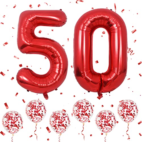 Zahlen 50 Luftballons Rot, 40 Zoll große Folien ballons Nummer 4 & 0 mit 6 Rot Konfetti-Helium ballons, 5 50 Geburtstags ballon für Männer Frauen Party Romantische Anlässe Jubiläums dekorationen von Ousuga