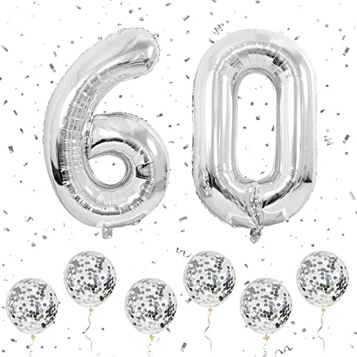 Zahlen 60 Luftballons Silber, 40 Zoll große Folien ballons Nummer 6 & 0 mit 6 Silber Konfetti-Helium ballons, 6 60 Geburtstags ballon für Männer Frauen Party Romantische Anlässe Jubiläums dekorationen von Ousuga