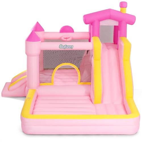Outfunny Aufblasbares Hüpfhaus, Große Hüpfburg für Kinder mit Rutsche, Draußen & Drinnen, 450W Gebläse - Rosa von Outfunny