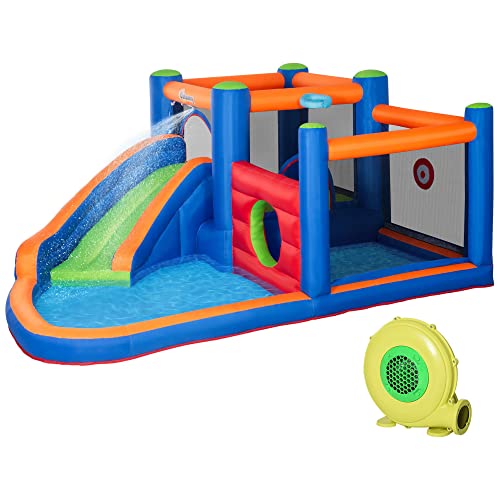 Outsunny Aufblasbare Hüpfburg Wasserpark mit Gebläse Hüpfburg mit Wasserrutsche Basketballkorb Aufblasbare Wasserspielcenter für Kinder ab 3 Jahren Trampolin Pool 380 x 340 x 170 cm von Outsunny
