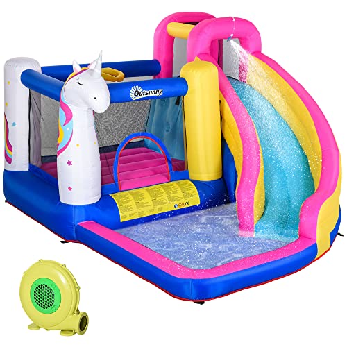 Outsunny Hüpfburg mit Gebläse Rutsche Pool für 3 Kinder aufblasbare Springburg für 3-8 Jahre Outdoor Wasserpark für Kinder Oxford-, Polyester-Gewebe Mehrfarbig 360 x 305 x 210 cm von Outsunny