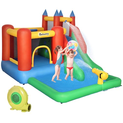 Outsunny Hüpfburg mit Gebläse Rutsche Wasserrutsche aufblasbar für 4 Kinder Wasserhüpfburg Garten XXL Springburg für 3-8 Jahre Kinder Oxford-, Polyester-Gewebe Mehrfarbig 330 x 245 x 215 cm von Outsunny