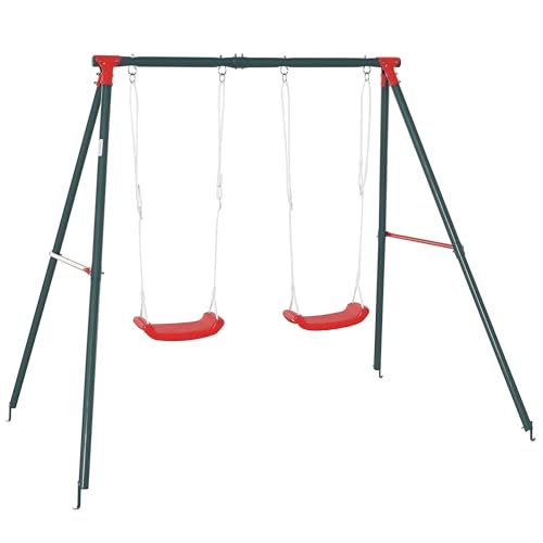 Outsunny Kinder-Doppelschaukel +3 Jahre mit Metallstütze Kinderschaukel-Set Outdoor Verstellbares Seil Max. Belastung 40kg 239x156x180 cm Grün Rot von Outsunny
