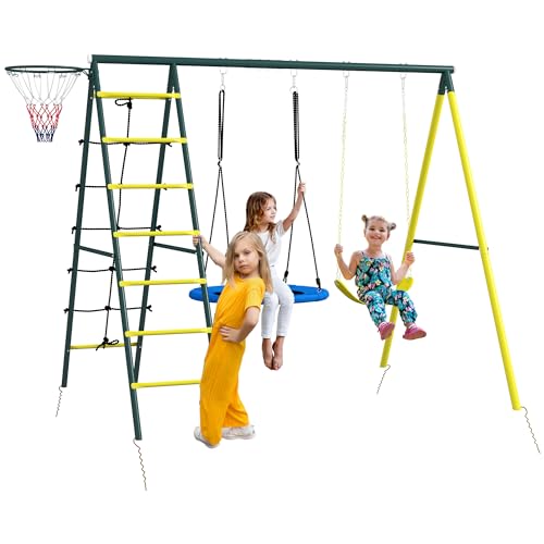 Outsunny Kinderschaukel-Set, 4 in 1 Schaukelgerüst Schaukelgestell mit 2 Schaukeln, Basketballkorb, Kletterleiter, Gartenschaukel für 3-8 Jahre Kinder, Stahl, Gelb von Outsunny