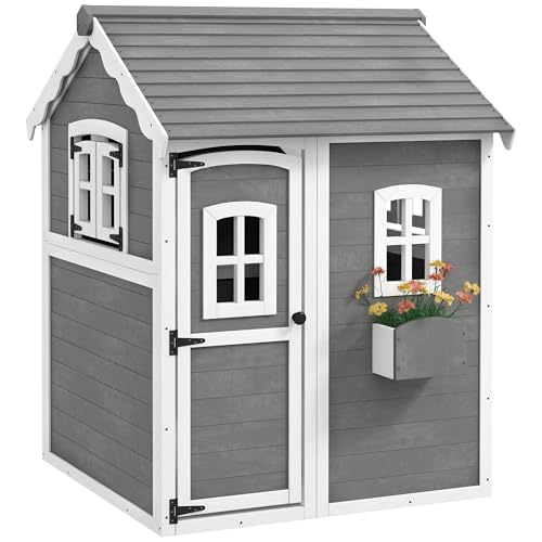 Outsunny Kinderspielhaus aus Holz Kinderhaus Outdoor mit Tür, Fenster, Gartenhaus mit Pflanzkasten, Spielhaus für Kinder 3-8 Jahre von Outsunny