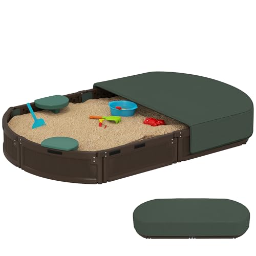 Outsunny Sandkasten Sandbox mit Vier Sitzplatten, Sandkiste mit Abdeckplane, für 3-12 Jahre Kinder, 183 x 105 x 22,5 cm, HDPE, Dunkelgrün von Outsunny