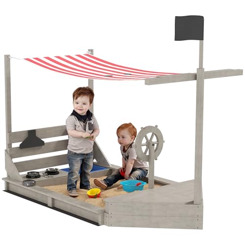 Outsunny Sandkasten Sandkiste groß mit Abdeckung im Schiff Design Matschekiste aus Holz Segelschiff Spielhaus mit Küchenspielset Aufbewahrung für Kinder 3-7 Jahre Grau 180 x 103 x 144,5 cm von Outsunny