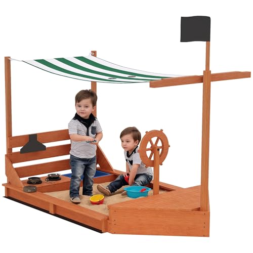 Outsunny Sandkasten Sandkiste groß mit Abdeckung im Schiff Design Matschekiste aus Holz Segelschiff Spielhaus mit Küchenspielset Aufbewahrung für Kinder 3-7 Jahre Grün 180 x 103 x 144,5 cm von Outsunny