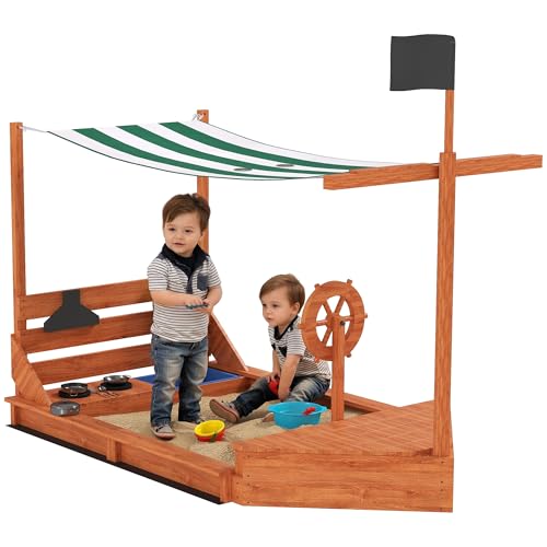 Outsunny Sandkasten Sandkiste groß mit Abdeckung im Schiff Design Matschekiste aus Holz Segelschiff Spielhaus mit Küchenspielset Aufbewahrung für Kinder 3-7 Jahre Grün 180 x 103 x 144,5 cm von Outsunny