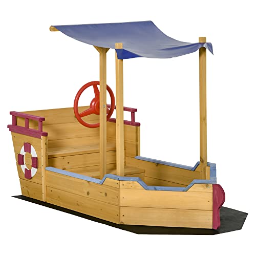 Outsunny Sandkasten Schiff Design Matschekiste aus Holz Segelschiff mit Sitzbank Flaggenmast Piratenschiff für Kinder 3-8 Jahre Sandkiste für den Garten Outdoor Sandbox Orange 160 x 70 x 103 cm von Outsunny
