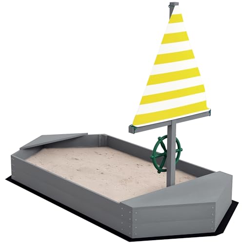 Outsunny Sandkasten für Kinder, aus Holz, mit Flagge und Steuerrad in Form eines Segelbootes, für Terrasse, Garten, 190 x 90 x 138 cm, dunkler Streifen von Outsunny
