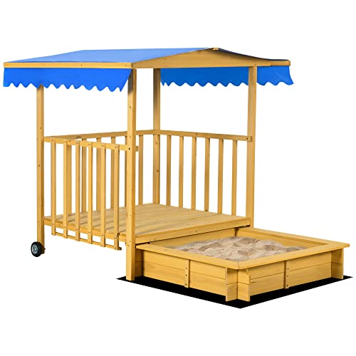 Outsunny Sandkasten mit Dach, Sandkiste aus Holz mit Spielhaus, 133 x 129 x 137,5 cm Sandbox mit Rollen für 3-8 Jahre Kinder, Garten, Natur von Outsunny