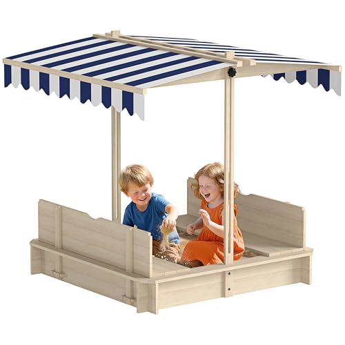 Outsunny Sandkasten Sandkiste aus Holz für Garten Sandkasten mit Dach Felix Kindersandkasten mit Dach abnehmbar Rücklehnen verstellbar Tannenholz 3-7 Jahren 106 x 106 x 115 cm Natur von Outsunny