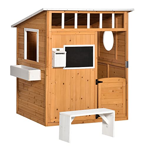 Outsunny Spielhaus für Kinder Holz Kinderspielhaus mit Fenster Briefkasten Outdoor Gartenspielhaus mit Blumentopfrack Holzspielhaus für 3-8 Jahre Tannenholz Natur 122 x 108 x 135,5 cm von Outsunny