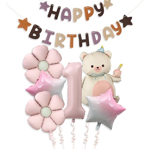 Ovanda 1. Geburtstag Mädchen, Bär Geburtstagsdeko 1 Jahr Mädchen, Geburtstagsdeko 1 Happy Birthday Banner, Rosa Folienballon Erster Geburtstag Mädchen von Ovanda