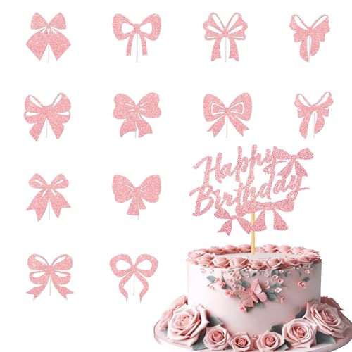Ovanda 13 Stück Happy Birthday Tortendeko, Schleife Tortendeko Geburtstag, Happy Birthday Tortendekos, Glitter Cupcake Topper, Kuchen Deko für Mädchen, Kinder, Hochzeit, Mutter (Rosa) von Ovanda