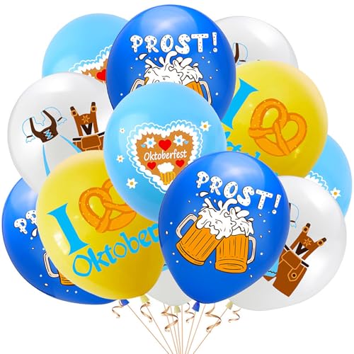 Ovanda Oktoberfest Deko, 16 Stück Oktoberfest Luftballons, Bayerisch Deko Gelb Blau mit Weiße Luftballons, Bayern Ballons für Bayerische Party Restaurants Haus Bar Deko Oktoberfest Party Dekoration von Ovanda