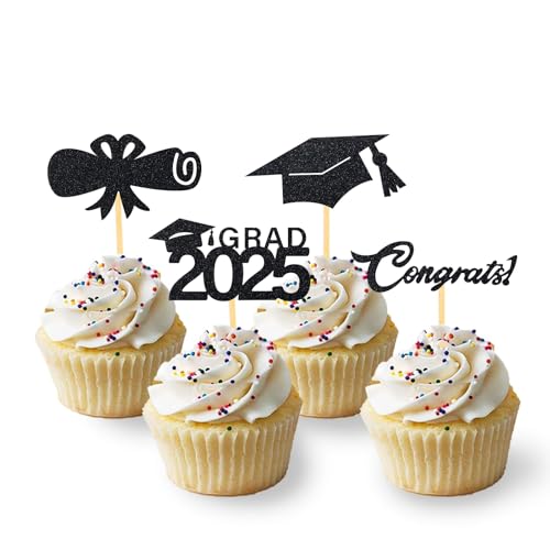 Ovanda 24 Stück Glitzer 2025 Graduation Cupcake Toppers, Abschlussfeier Cupcake toppers, Bachelor Hut Deko, Abschluss Deko, 2025 Abschluss Party Kuchen Dekoration Schwarz, Tortendeko Einschulung von Ovanda