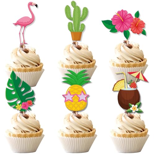 Ovanda 24 Stück Hawaii Deko, Cocktail Deko, Flamingo Deko, Ananas Deko, Hawaii Cupcake Topper, Cocktailschirmchen Gilt für Hawaii Party Deko, Hawaii Dschungel Tortendeko, Beach Party Deko von Ovanda