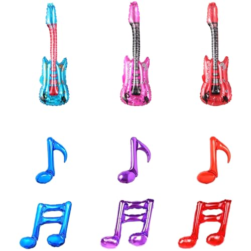 Ovanda 9 Stück Aufblasbare Musikalische Luftballons, 16 Zoll Rockstar Luft Ballons, Bunt Luft Gitarre, Saxophon Gitarre Mikrofon Trommel Musikinstrumente Zubehör,Aufblasbare Rock Instrumente Spielzeug von Ovanda