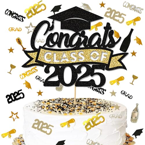 Ovanda Abi 2025 Deko, Kuchentopper, Graduation Deko 2025 Bachelor Deko 350 Stk Konfetti Schwarzes Gold, Abschlusskuchen Dekorationen von 2025, Cupcake Topper, Abschlusskuchentopper von Ovanda