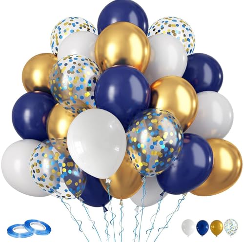 Ovanda Blau und Gold Konfetti Luftballons, Luftballons Geburtstag Blaur, Metallic Gold Weiß und Blau Konfetti Luftballon mit Bändern, für Geburtstag,Hochzeit,Babyparty Party Dekoration,Abschlussfeier von Ovanda