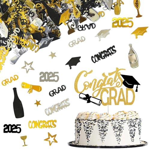 Ovanda 2025 Graduation Deko Konfetti Schwarz Gold, Glitzer 2025 Graduation Cupcake Toppers, Prüfung Bestanden Deko Confetti,Abschluss Hut Streudeko für Congratulations Grad Bestandene Prüfung Geschenk von Ovanda