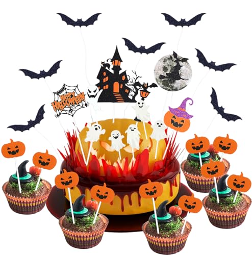 Ovanda Halloween Kuchen Deko, 28 Stück Halloween Tortendeko, Kuchendeko mit Kürbis, Fledermaus, Schädel, Geist und Spinne, Spinnen Cake Dekoration für Happy Halloweens Party Ovanda Halloween Kuchen Deko, 28 Stück Halloween Tortendeko, Kuchendeko mit Kürbis, Fledermaus, Schädel, Geist und Spinne, Spinnen Cake Dekoration für Happy Halloweens Party von Ovanda