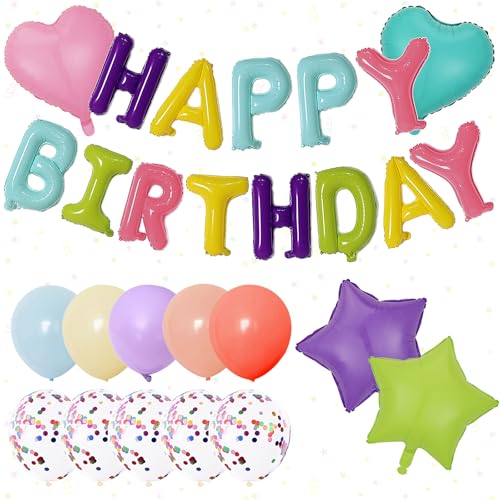 Ovanda Happy Birthday Ballon, Luftballons Pastell, Pastell Luftballons Geburtstagsdeko, Macarons Bunt Happy Birthday Folienballons, Luftballons Konfetti Ballons, Buchstaben Folien Banner Helium Ballon von Ovanda
