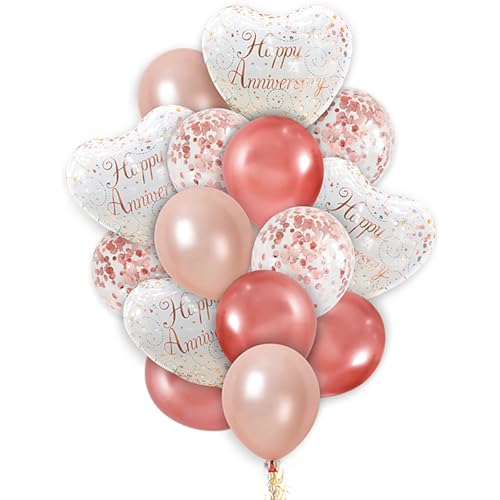 Ovanda 16 Stück Happy Anniversary Luftballons, Roségold Herzförmige Hochzeitstag Deko, Hochzeit Themenballon, Helium Ballon, für Hochzeite Verlobung Standesamt Deko, Hochzeitstag Party Deko von Ovanda