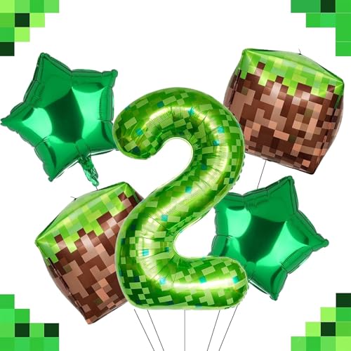 Ovanda Luftballon 2. Geburtstag, Pixelmotiv Riesige Grüne Pixel Miner Thema Zahlen Luftballon, Grasblöcke Luftballon, 5 Stück 100 CM XXL Luftballon 2. Geburtstag Junge Luftballon Zahlen Groß von Ovanda