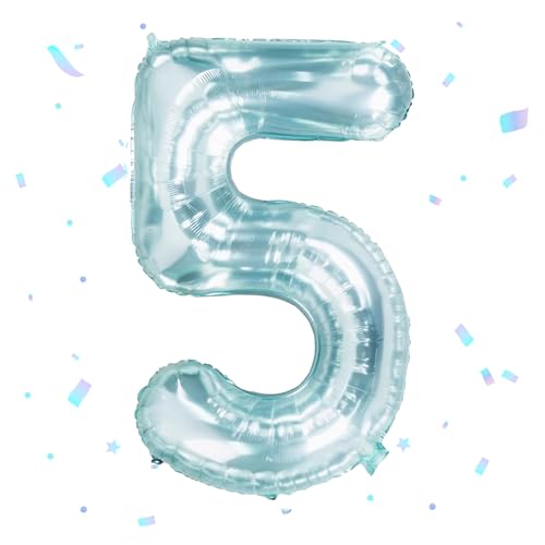 Ovanda Luftballon 5. Geburtstag Zahl 5 Kristallblau XXL Riesen Folienballon 100cm Geburtstagsdeko Jungen Ballon Zahl Deko, Folienballon 5, Geburtstag 5 Jahre Junge, Deko Luftballon 5. Geburtstags von Ovanda